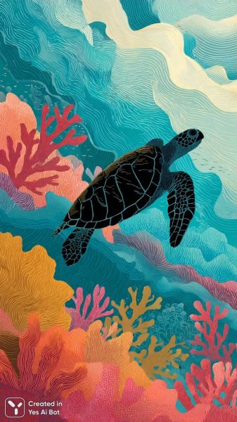 Морская черепаха в коралловом рифе: безмятежная иллюстрация под водой. Нейронная сеть Midjourney