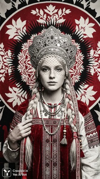 Этнический портрет: славянская красавица в роскошном наряде. Картинка из нейросети Нано Банана