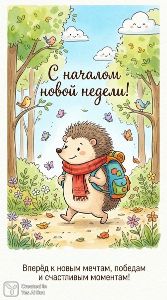 Ёжик с рюкзаком: веселое начало новой недели в солнечном лесу!. Генерация из нейросети Nano-Banana