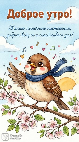 Утреннее настроение: веселый воробей с цветущей веткой. Нейросеть Нано Банана