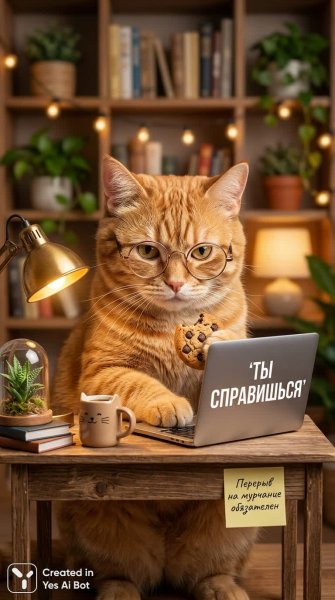 Кот-менеджер в уютном офисе: перерыв на мурчание обязателен. Генерация из нейронной сети Нано Банана