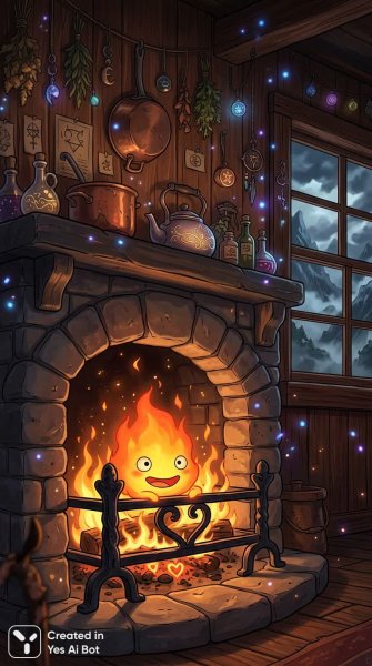 Озорной дух в очаге: Calcifer и волшебная кухня. Картинка из нейронной сети Нано Банана