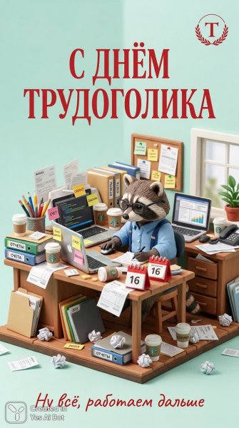 Милый енот в офисе: маленький мир трудоголизма и хаоса. Изображение из нейросети Nano Banana