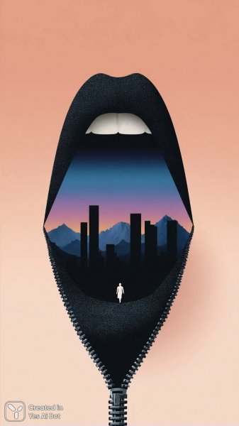 Гора внутри рта: сюрреалистичный пейзаж и человеческая форма. Картинка из нейронной сети Midjourney