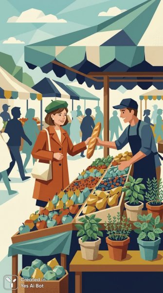 Рыночная иллюстрация в стиле полигональной графики: утреннее настроение и яркие краски. Картинка из нейронной сети Nano Banana