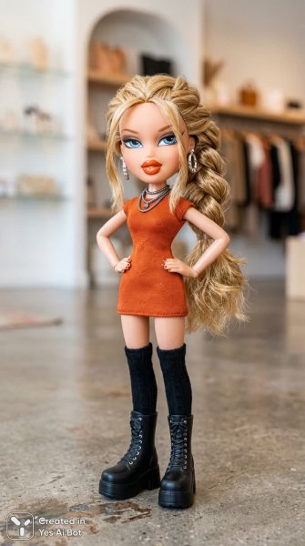 Яркая кукла Bratz в оранжевом платье и небрежной косой: стильный образ и уверенный взгляд. Изображение из нейросети Nano Banana
