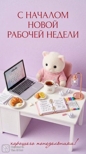 Понедельник в пастельных тонах: милый офис и котенок в свитере. Нейросеть Нано Банана
