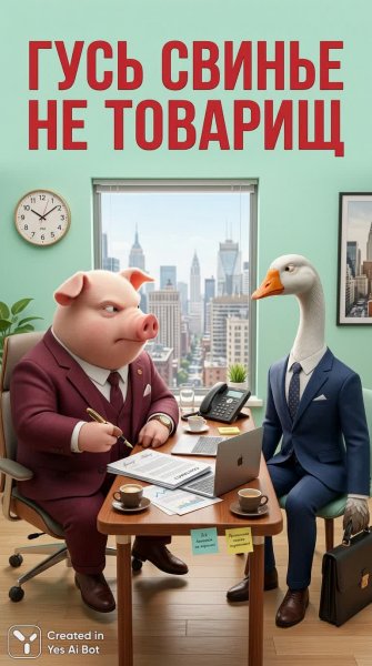 Свинья и гусь в офисе: деловая перепалка с юмором и русским колоритом. Генерация из нейронной сети Nano Banana