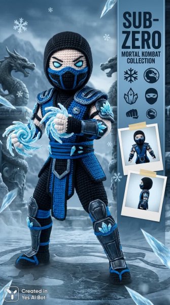 Суровый субзиро: ледяное воплощение Мortal Kombat в деталях вязаной скульптуры. Картинка из нейронной сети Nano Banana