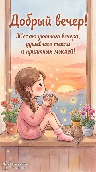 Уютный вечер с какао и мечтами под теплым закатным небом. Изображение из нейросети Nano Banana