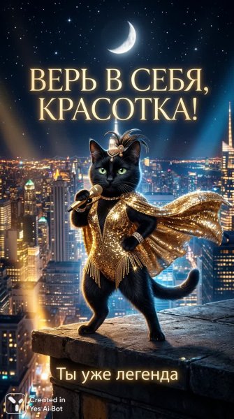 Кошачья дива на крыше: блеск и вера в себя. Картинка из нейросети NanoBanana