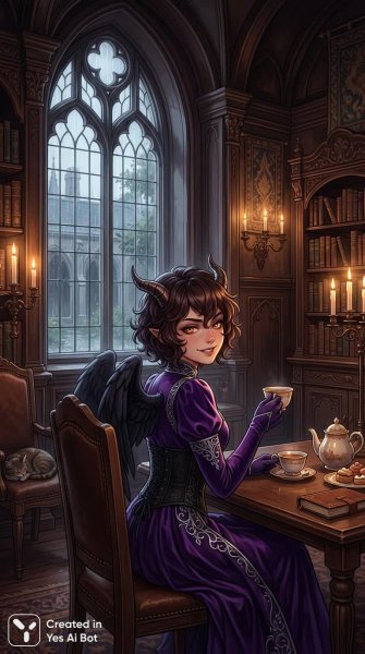 Очаровательная суккуб в готическом кабинете: уютный вечер с книгами и чаем. Генерация из нейронной сети NanoBanana
