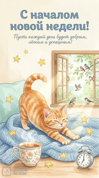 Уютное утро с котенком и чашкой чая. Картинка из нейросети Нано Банана
