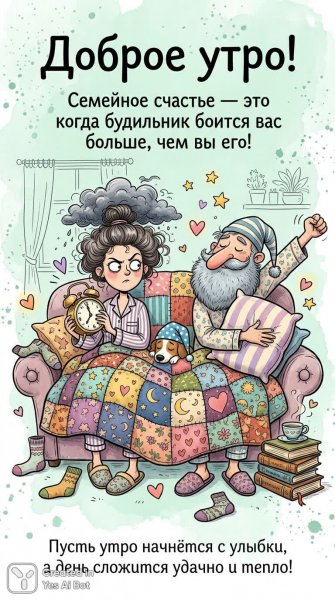 Утро в объятиях семейного уюта и забавных деталей. Картинка из нейронной сети Nano-Banana