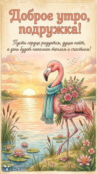 Розовый фламинго с букетом на рассвете: нежное утро для подружки. Изображение из нейронной сети NanoBanana