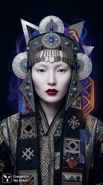 Портрет в этническом стиле: загадочная красота и футуристические мотивы. Изображение из нейронной сети Nano-Banana