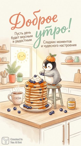 Уютное утро: пингвин украшает пышные панкейки с ягодами и медом. Нейронная сеть Nano-Banana