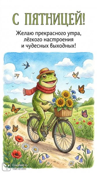Веселый лягушонок на велосипеде с подсолнухами. Картинка из нейросети NanoBanana