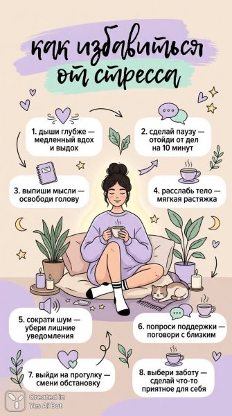 Как справиться со стрессом: уютная психотерапевтическая иллюстрация для женщин. Картинка из нейросети NanoBanana