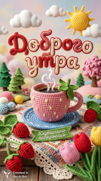 Уютное вязаное утро: клубничная чашка и солнечное настроение. Изображение из нейросети Nano-Banana