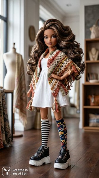 Кукольный стиль: вязаный шарф и яркий образ Bratz. Картинка из нейронной сети NanoBanana