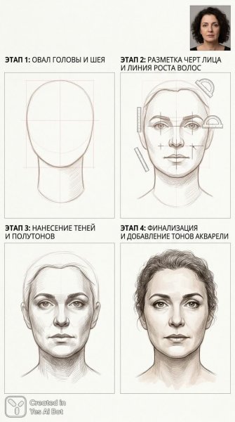 Реалистичный портрет: пошаговое руководство с эскизом и акварелью. Генерация из нейросети Нано Банана