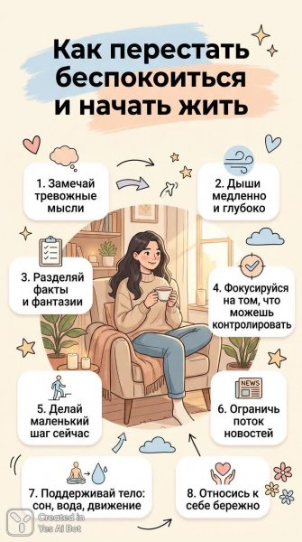 Как справиться с тревогой: советы для спокойной жизни и гармонии с собой. Генерация из нейросети Nano Banana