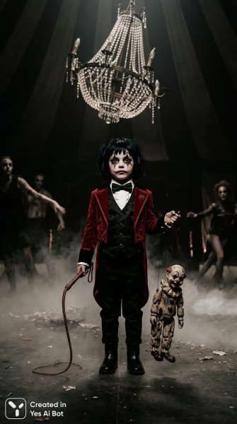 Мрачный цирк: кошмарный рингмастер в театре теней и тьмы. Картинка из нейросети Nano Banana