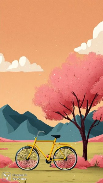 Летний пейзаж с желтым велосипедом и цветущей вишней. Нейронная сеть Midjourney