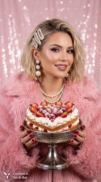 Роскошная женщина с клубничным тортом в розовом меху. Картинка из нейронной сети Нано Банана