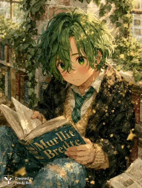 Молодой человек в библиотеке с золотой пылью и книгами. Нейронная сеть Midjourney