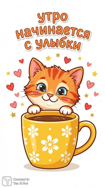 Утреннее настроение котенка: милота в каждом пикселе и добрые слова. Изображение из нейронной сети NanoBanana