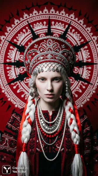 Загадочная славянская красавица в красном и черном: мода и мистика. Нейросеть NanoBanana