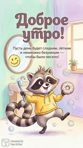Утро с очаровательным енотом и вкусными сюрпризами. Генерация из нейросети NanoBanana