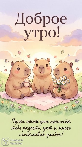 Утро с милыми капибарами и добрыми пожеланиями. Картинка из нейронной сети Нано Банана