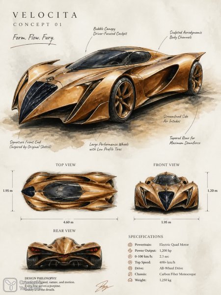 Бронзовый автомобиль: создание подробной схемы и видов с разных ракурсов. Нейронная сеть Sora Images