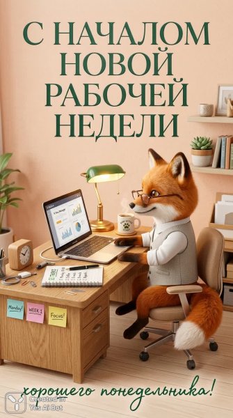 Уютное рабочее утро лисички-офисного работника. Изображение из нейронной сети Нано Банана