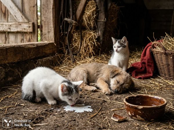 Уютная идиллия: котята и щенок в старом амбаре. Картинка из нейронной сети Nano-Banana
