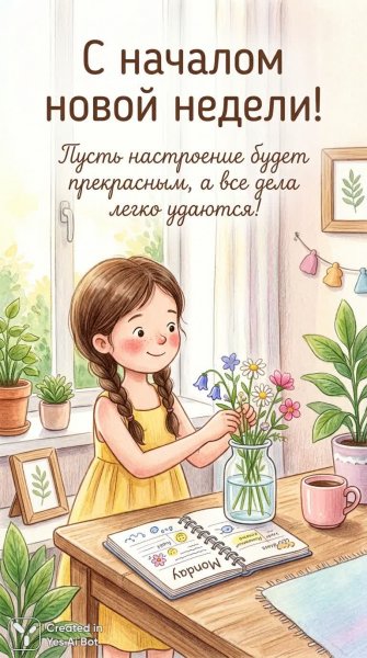 Утро понедельника: цветы, планы и хорошее настроение. Изображение из нейросети Nano-Banana