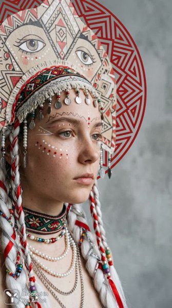 Славянская красавица в этническом футуризме. Изображение из нейронной сети Nano Banana