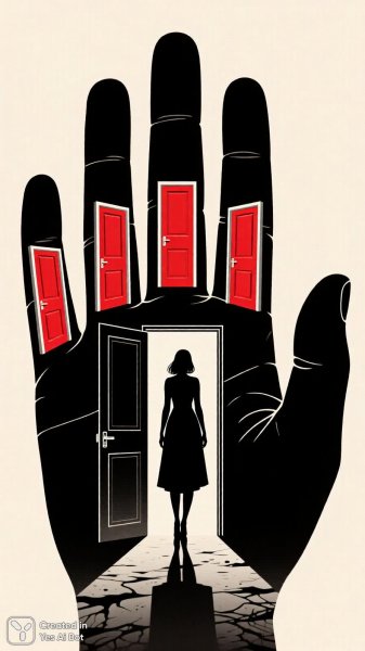 Рука отражений: сюрреалистичная иллюстрация с элегантной фигурой и зеркальными дверями. Картинка из нейросети QWEN