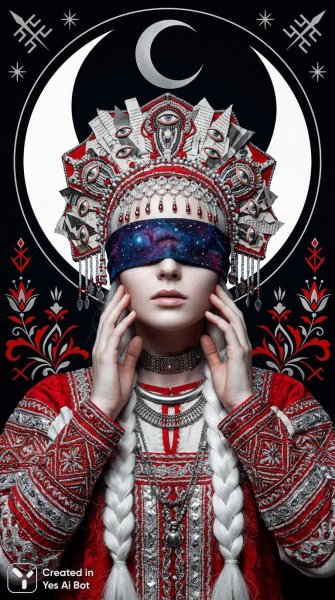 Этно-футуристический портрет: загадочная славянская красавица. Картинка из нейросети Nano-Banana