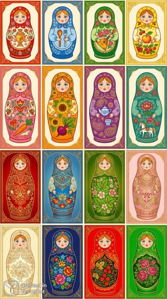 Матрешка: Иконки в стиле веб-паттерна с русскими мотивами и золотым орнаментом. Нейросеть NanoBanana