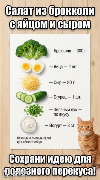 Брокколи с яйцом и сыром: простой рецепт вкусного салата для легкого обеда. Картинка из нейронной сети Нано Банана
