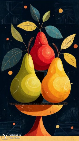 Яркий натюрморт с грушами: игривое сочетание цветов и форм в современном стиле. Изображение из нейронной сети Midjourney