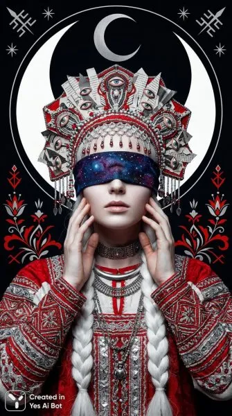 Этно-футуристический портрет: загадочная славянская красавица. Картинка из нейросети Nano-Banana