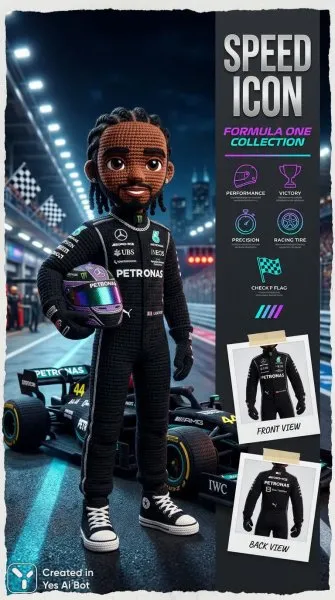 Стильный гонщик: вязаная коллекция Формулы-1 с Lewis Hamilto. Генерация из нейронной сети NanoBanana