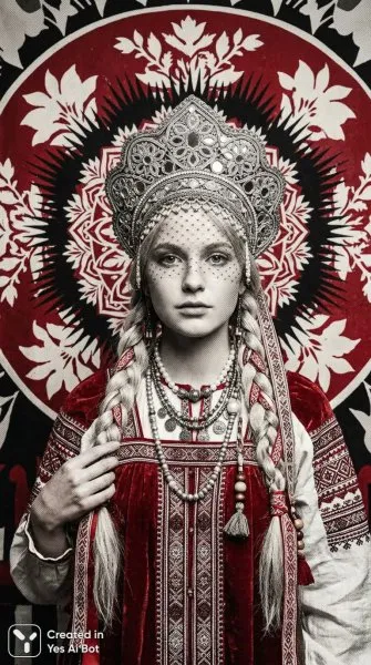 Этнический портрет: славянская красавица в роскошном наряде. Картинка из нейросети Нано Банана