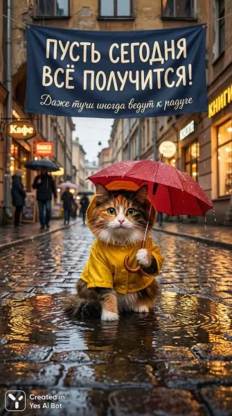 Маленький котик в дождевике и с зонтиком: уютная картина теплого дня. Изображение из нейронной сети Nano Banana