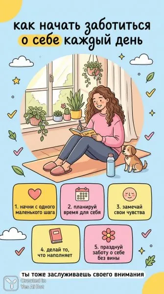 Ежедневная забота о себе: простые шаги к гармонии и благополучию. Картинка из нейросети NanoBanana